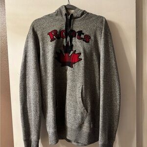 Roots Heather Gray Sweater with Red Maple Leaf